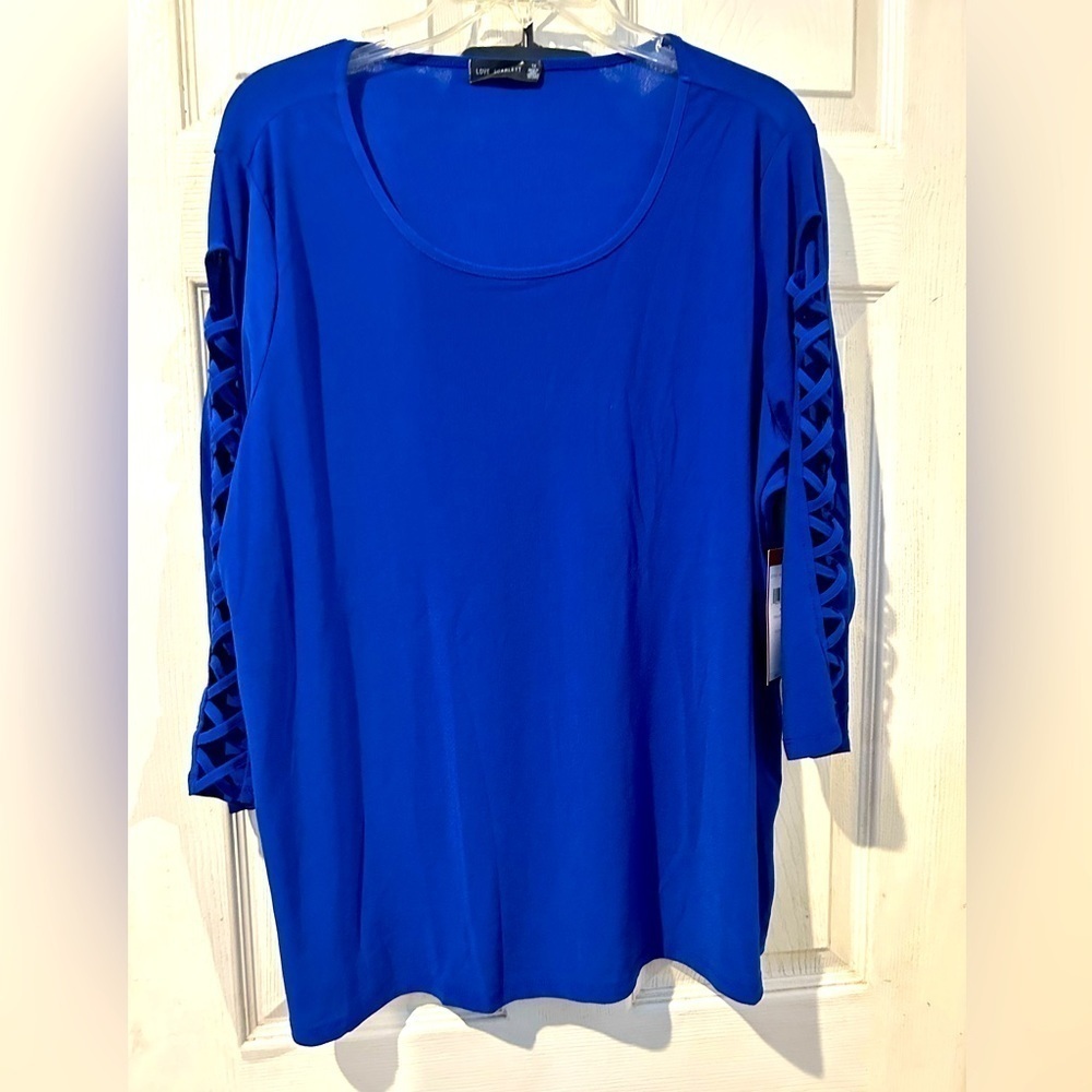 NWT “Love Scarlet “ Royal Blue Top with 3/4” Sleeves With Criss Cross Design